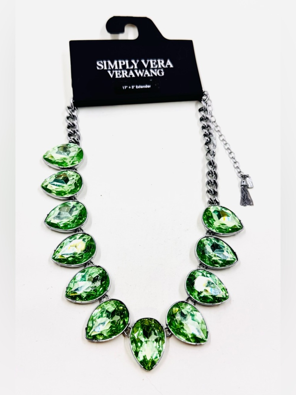 Simply Vera Wang Silver-Tone Necklace W\Bright Green Teardrop Rhinestones NWT